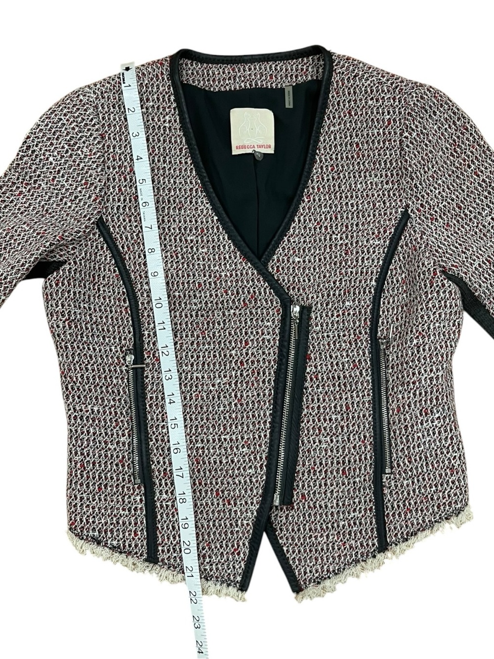 Rebecca Taylor Cutaway Leather Trim Tweed Jacket size 8 - Picture 8 of 10